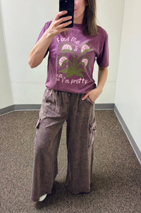 Washed Wide Leg Terry Knit Cargo Pants in Mocha and Feed Me and Tell Me I'm Pretty Graphic Tee