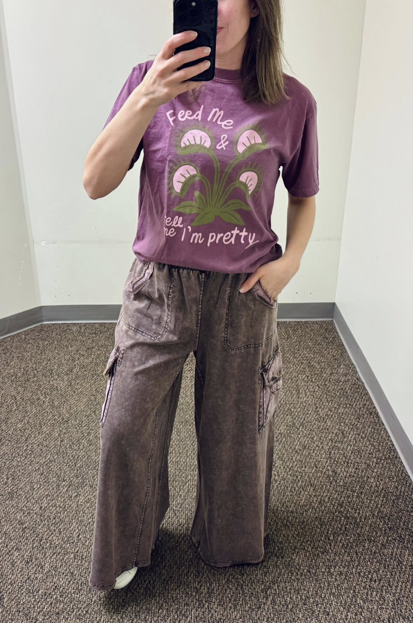 Washed Wide Leg Terry Knit Cargo Pants in Mocha and Feed Me and Tell Me I'm Pretty Graphic Tee