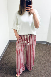Stripe Linen Washed Palazzo Pants in Red and Effortlessly Chic Short Sleeve Sweater Knit Top in Off White