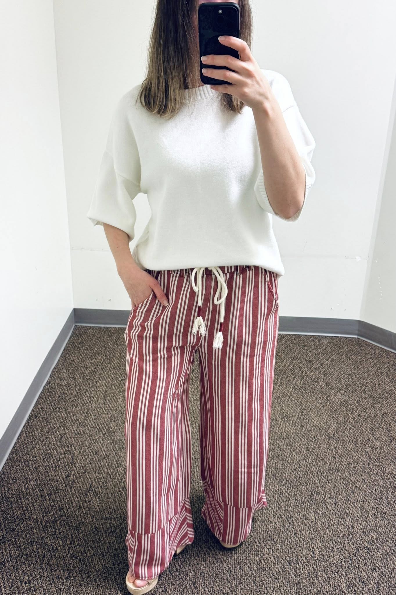 Stripe Linen Washed Palazzo Pants in Red and Effortlessly Chic Short Sleeve Sweater Knit Top in Off White