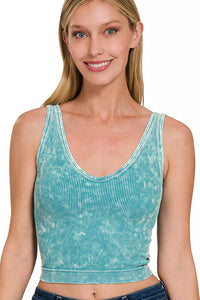 Washed Two-Way Neckline Ribbed Tank in Light Teal