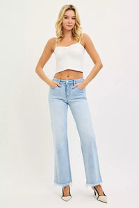 Risen Mid Rise Tummy Control Straight Leg Fray Hem Jeans