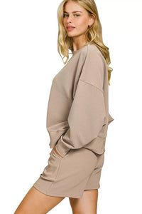 Ribbed Round Neck Pullover and Shorts Set in Ash Mocha