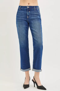 Risen High Rise Dark Wash Cuffed Boyfriend Jeans PGC21724 