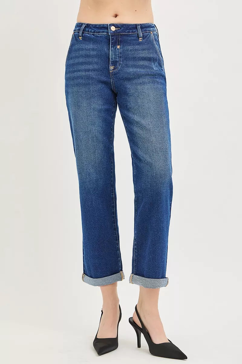 Risen High Rise Dark Wash Cuffed Boyfriend Jeans PGC21724 