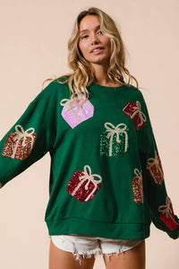 Sequin Christmas Presents Embroidered Pullover