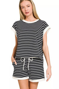 Zenana Stripe Contrast Trim Top & Shorts Set in Black