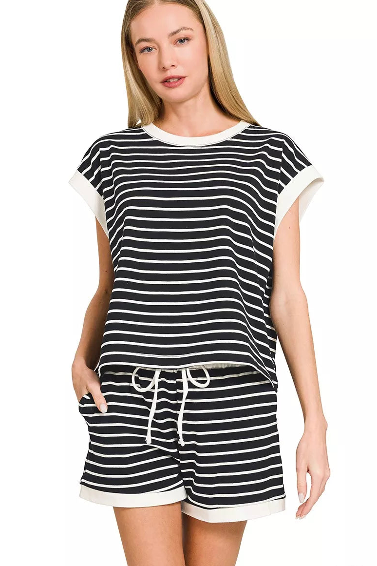 Zenana Stripe Contrast Trim Top & Shorts Set in Black