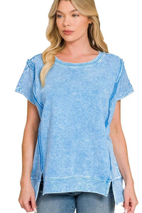 Zenana French Terry Halo Snow Washed Oversized Hi-Low Top in Ocean Blue