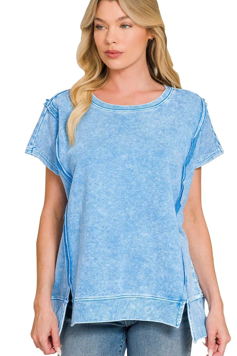 Zenana French Terry Halo Snow Washed Oversized Hi-Low Top in Ocean Blue