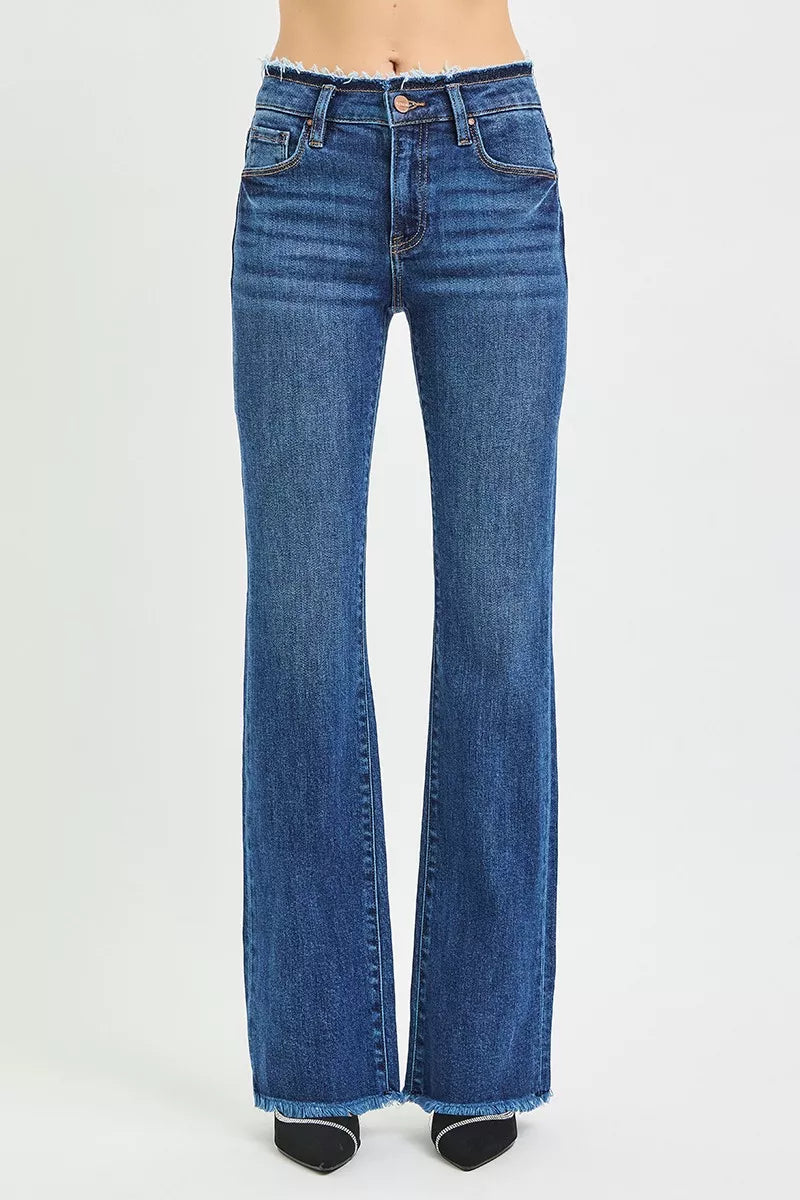Risen Mid Rise Frayed Waistband Bootcut Jeans