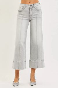 Risen Mid Rise Light Grey Tummy Control Crop Wide Leg Pintuck Front Jeans