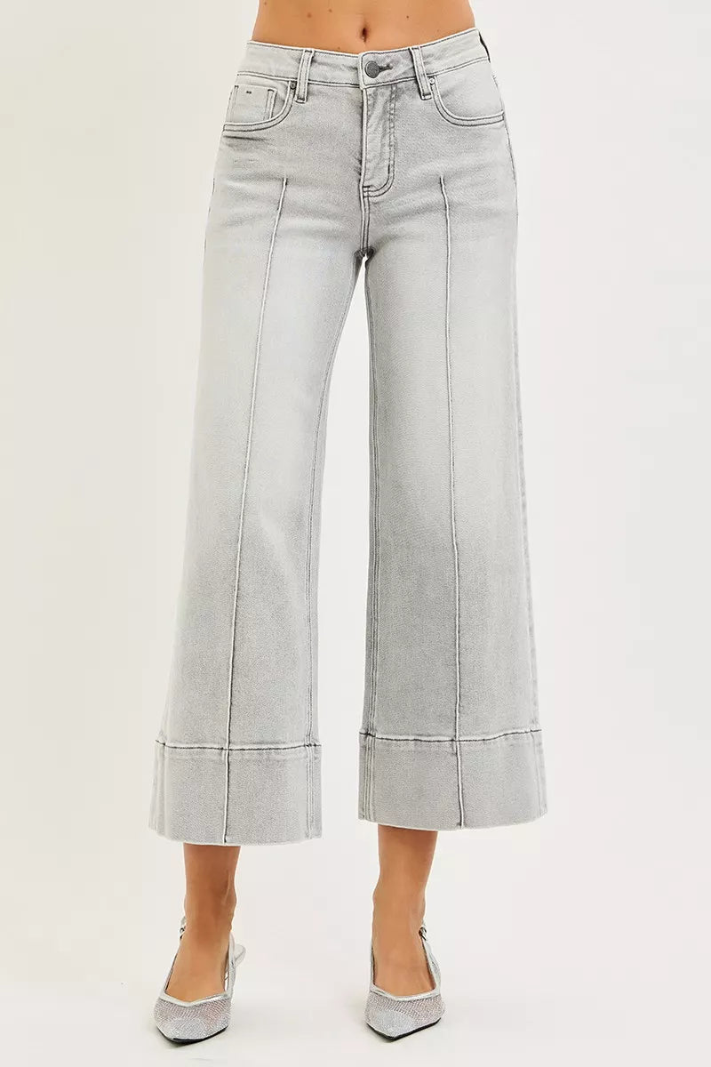 Risen Mid Rise Light Grey Tummy Control Crop Wide Leg Pintuck Front Jeans