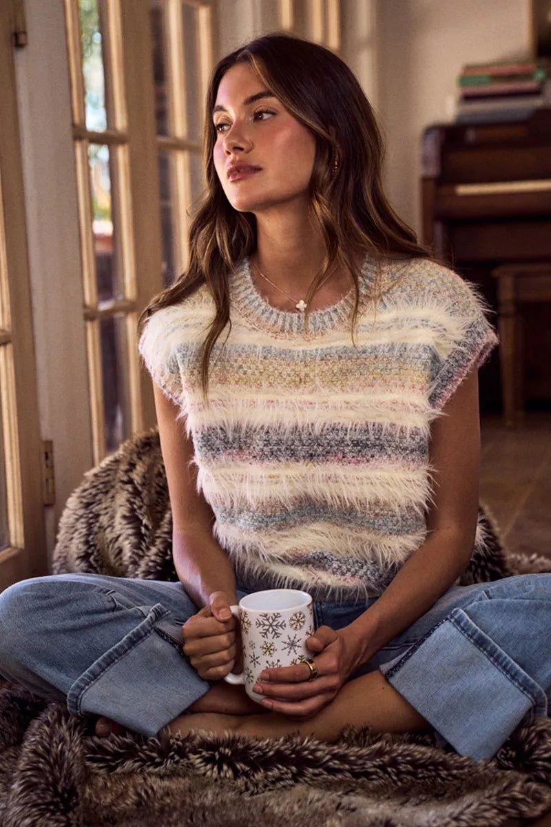 So Me Fuzzy Multi Color Stripe Cozy Sweater Top