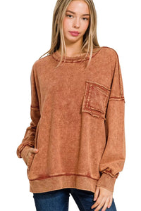 Acid Washed French Terry Pullover Sweatshirt in Rust