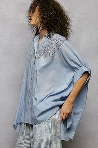 POL Floral Embroidered Button Down High-Low Hem Shirt