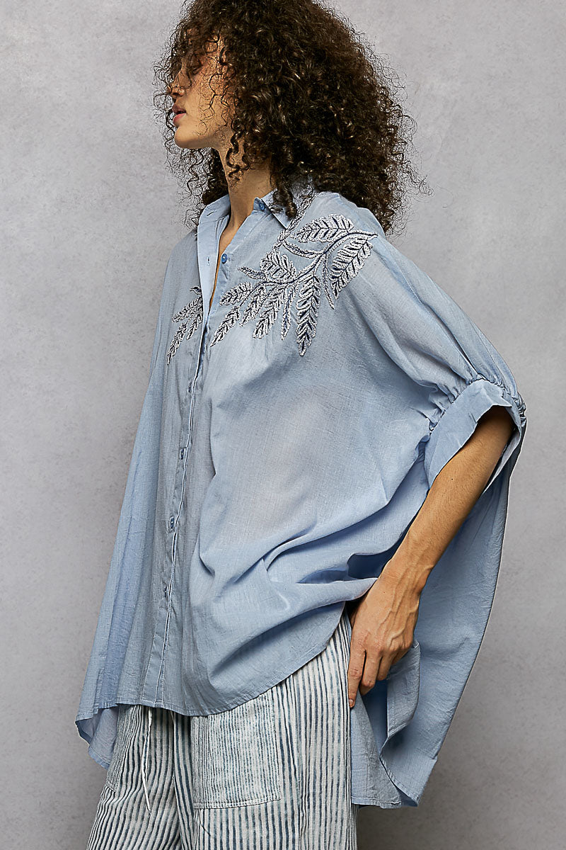 POL Floral Embroidered Button Down High-Low Hem Shirt