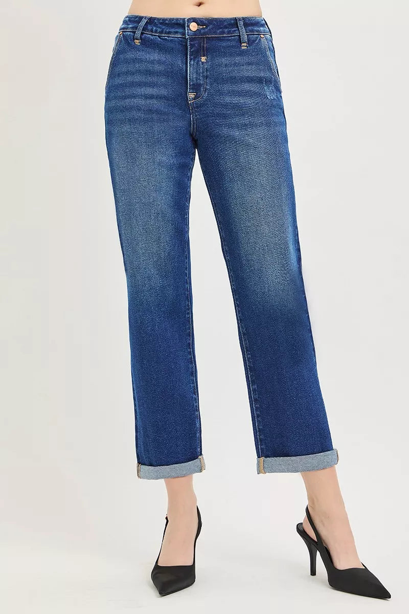 Risen High Rise Dark Wash Cuffed Boyfriend Jeans PGC21724 