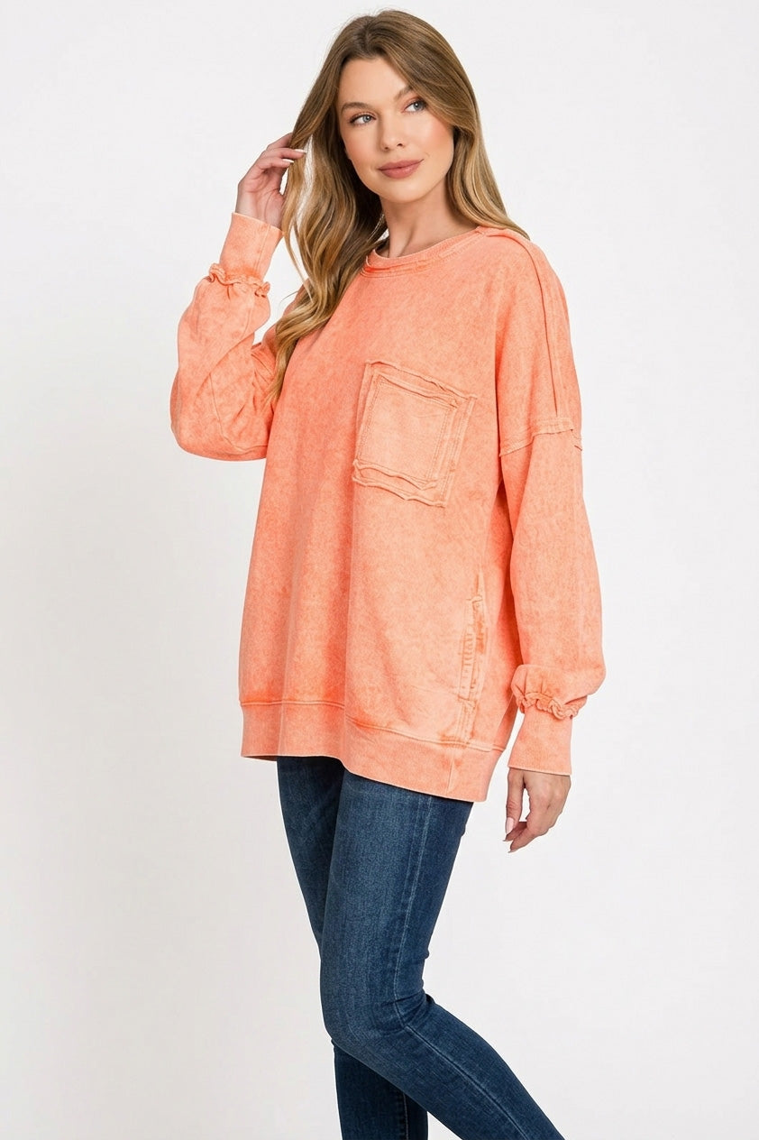 Halo Washed French Terry Pullover Sweatshirt in Orange