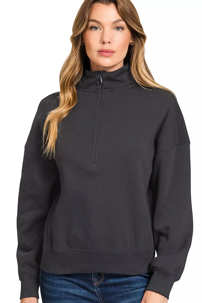 Fleece High Neck Half Zip Sweatshirt in Black