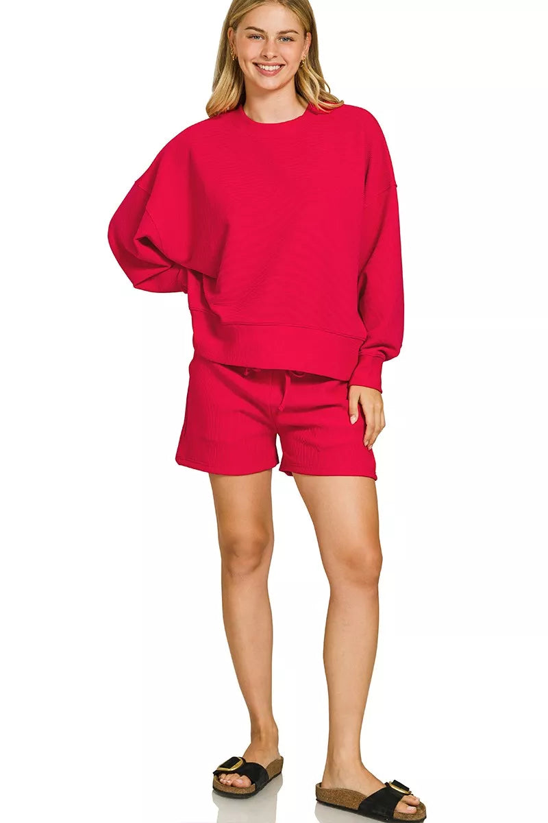 Ribbed Round Neck Pullover and Shorts Set in Ruby Red