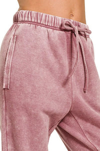 Acid Wash Fleece Jogger Sweatpants in Light Rose