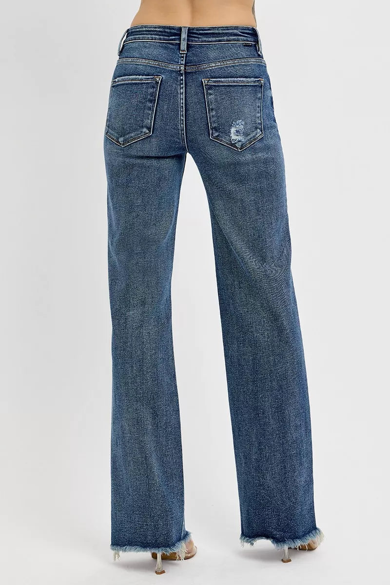 Risen High Rise Dark Wash Long Straight Jeans