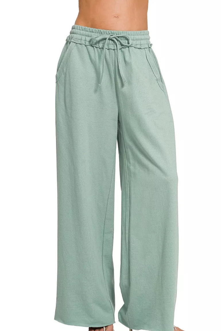 Zenana Exposed Seam French Terry Wide Leg Sweatpants - Ash Blue