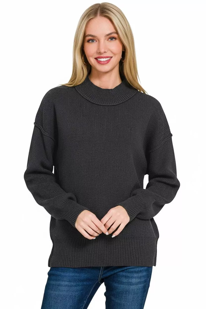 Black Wide Neck Banded Drop Shoulder Sweater