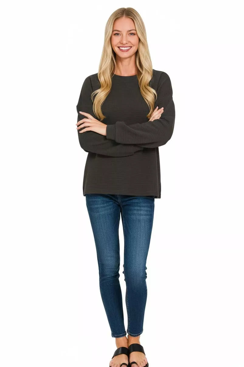Double Knit Round Neck Long Sleeve Top in Black