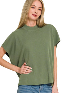 Zenana Viscose Mock Neck Short Sleeve Boxy Sweater Knit Top in Light Olive