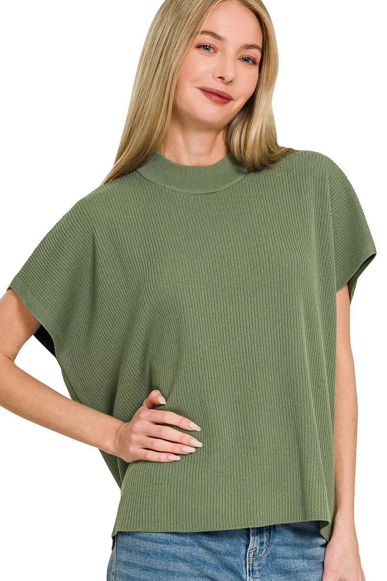 Zenana Viscose Mock Neck Short Sleeve Boxy Sweater Knit Top in Light Olive