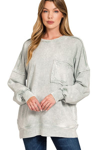 Zenana Halo Washed French Terry Pullover Sweatshirt in Light Grey