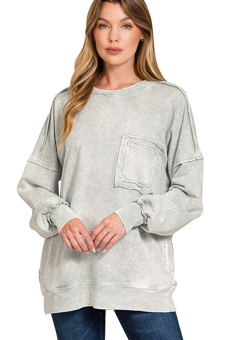 Zenana Halo Washed French Terry Pullover Sweatshirt in Light Grey