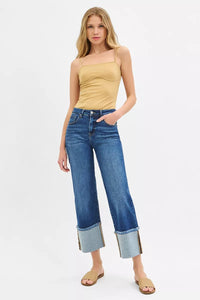 Risen Mid Rise Wide Leg Cuffed Jeans