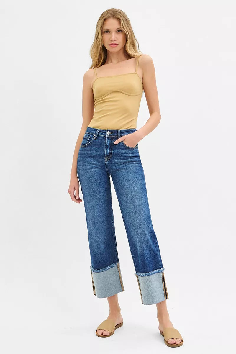 Risen Mid Rise Wide Leg Cuffed Jeans