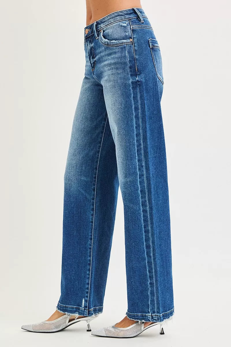 Risen High Rise Slouchy Baggy Side Seam Detail Jeans 