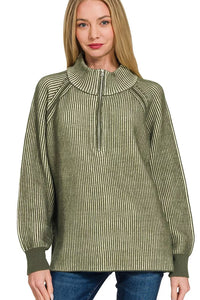 Zenana Ribbed Two Tone Half Zip Sweater in Dark Olive 