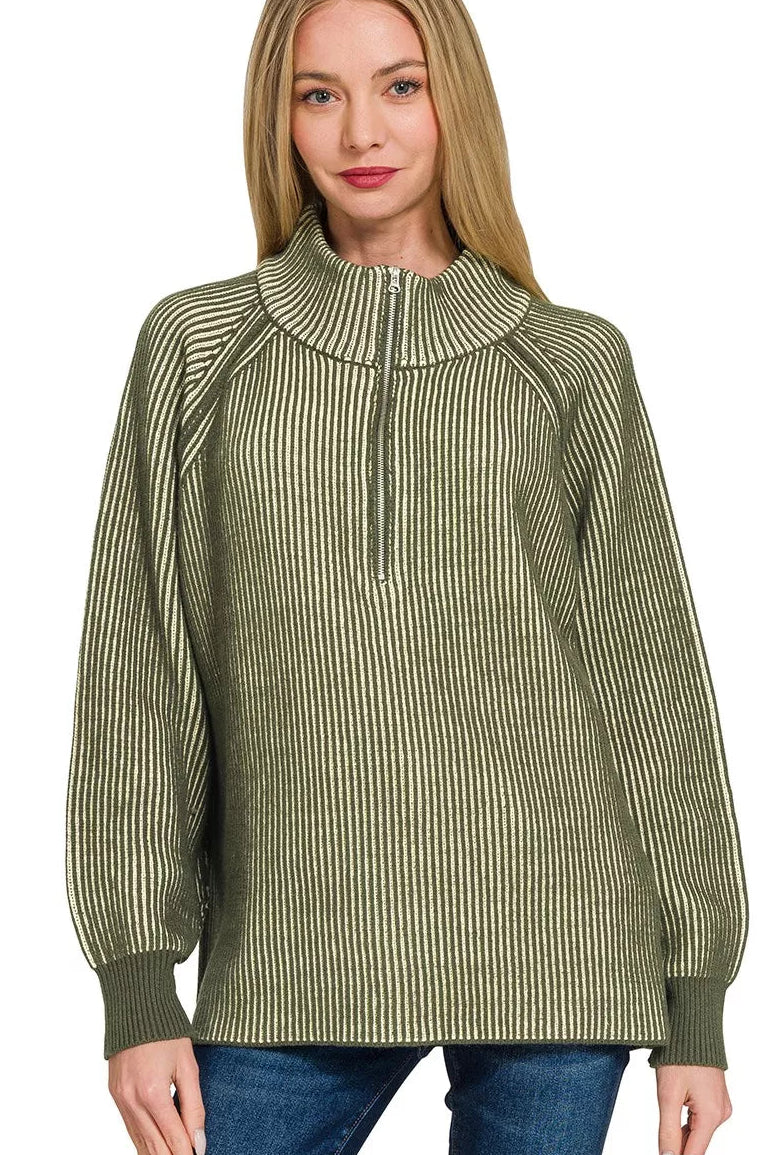 Zenana Ribbed Two Tone Half Zip Sweater in Dark Olive 