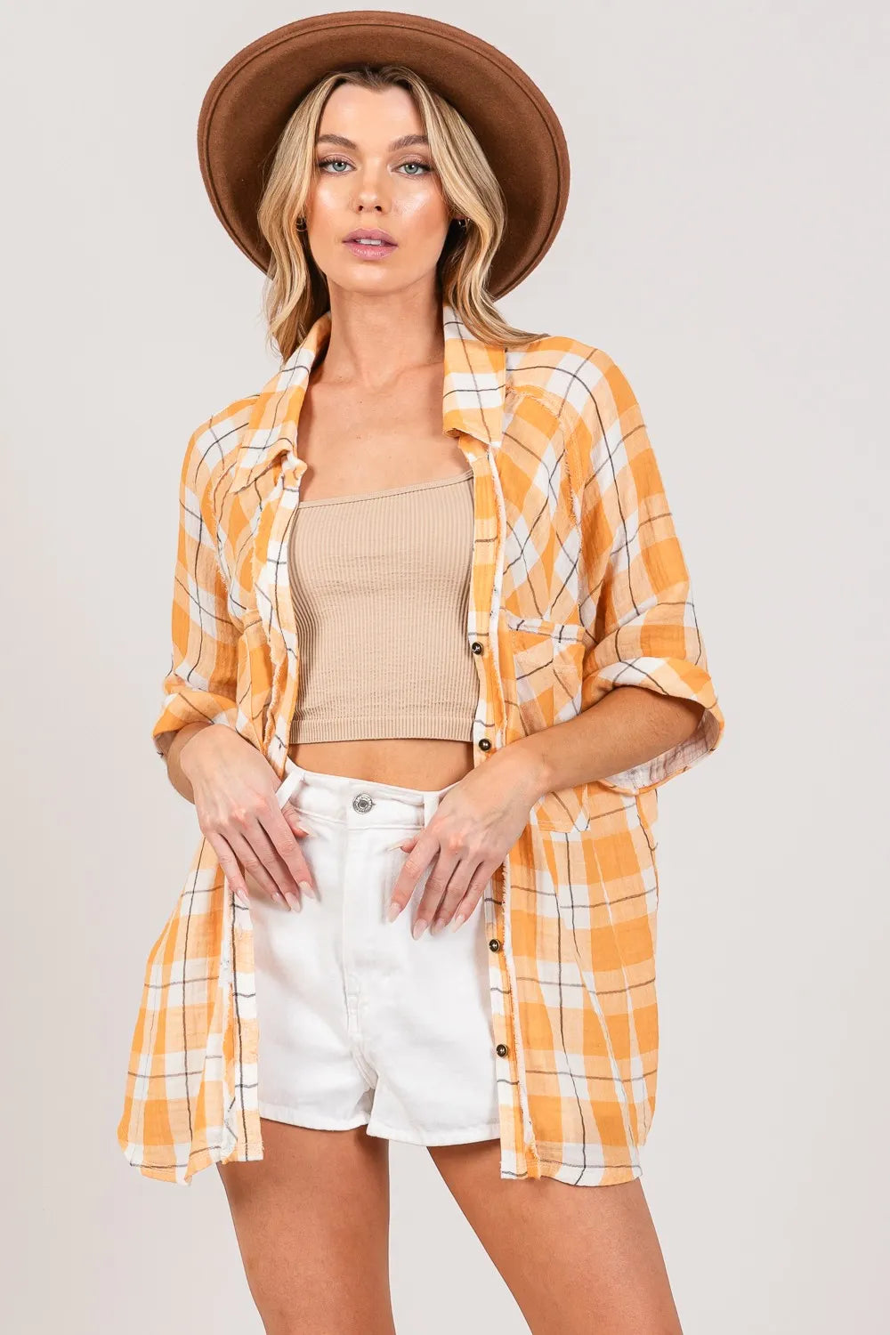 Apricot Plaid Button Up Side Slit Shirt