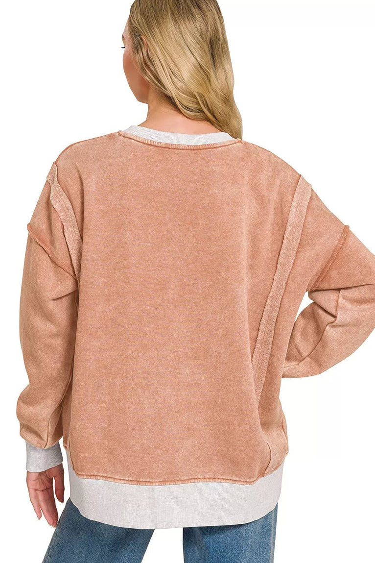 Zenana Fleece Acid Washed Contrast Trim Sweatshirt in Rust