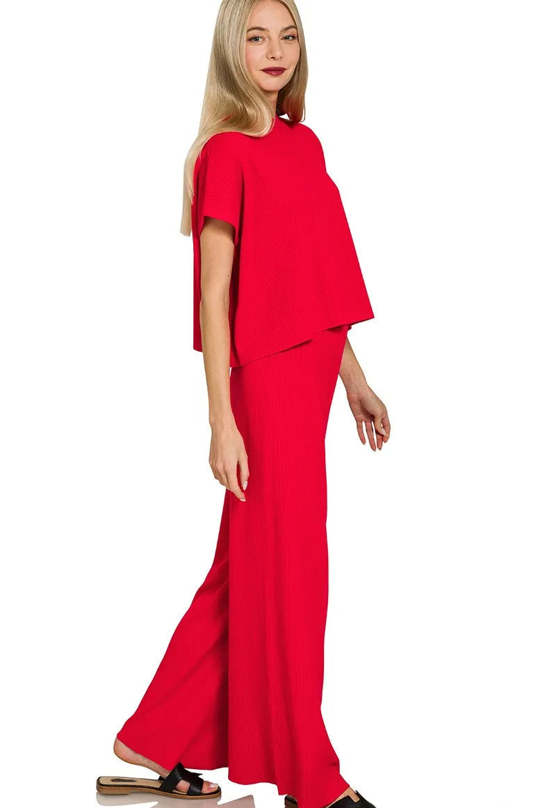 Ruby Red Viscose Sweater Knit Top and Pants Set