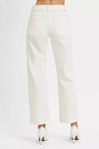 Risen Mid Rise Tummy Control Cream Ankle Straight Jeans