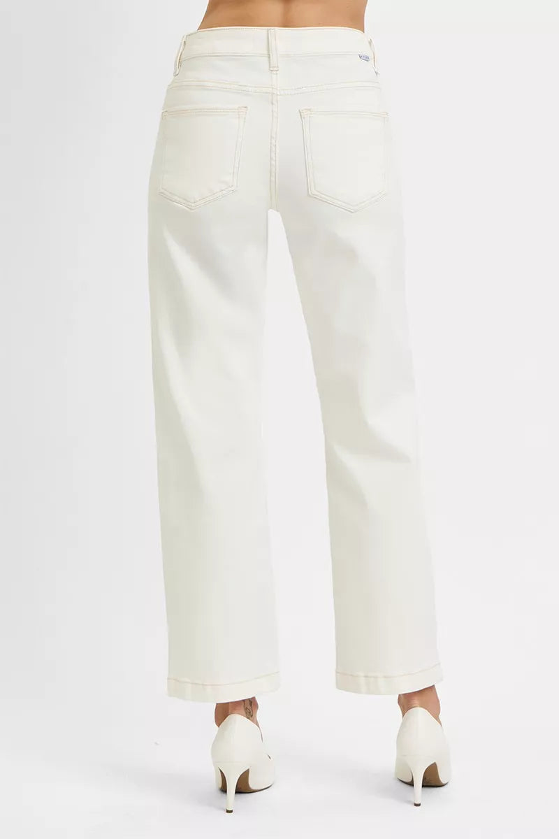 Risen Mid Rise Tummy Control Cream Ankle Straight Jeans