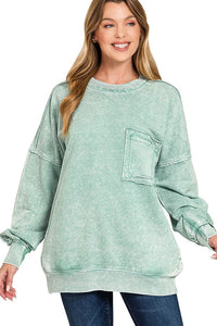 Zenana Halo Washed French Terry Pullover Sweatshirt in Green