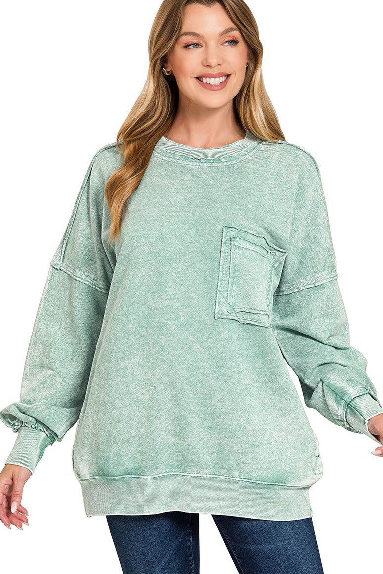 Zenana Halo Washed French Terry Pullover Sweatshirt in Green