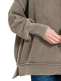 Zenana Washed Side Slit Oversized Sweater in Mocha