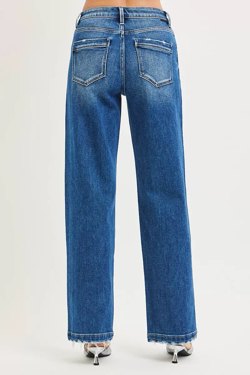 Risen High Rise Slouchy Baggy Side Seam Detail Jeans 