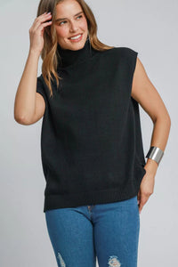 High-Low Turtleneck Sleeveless Sweater Knit Top