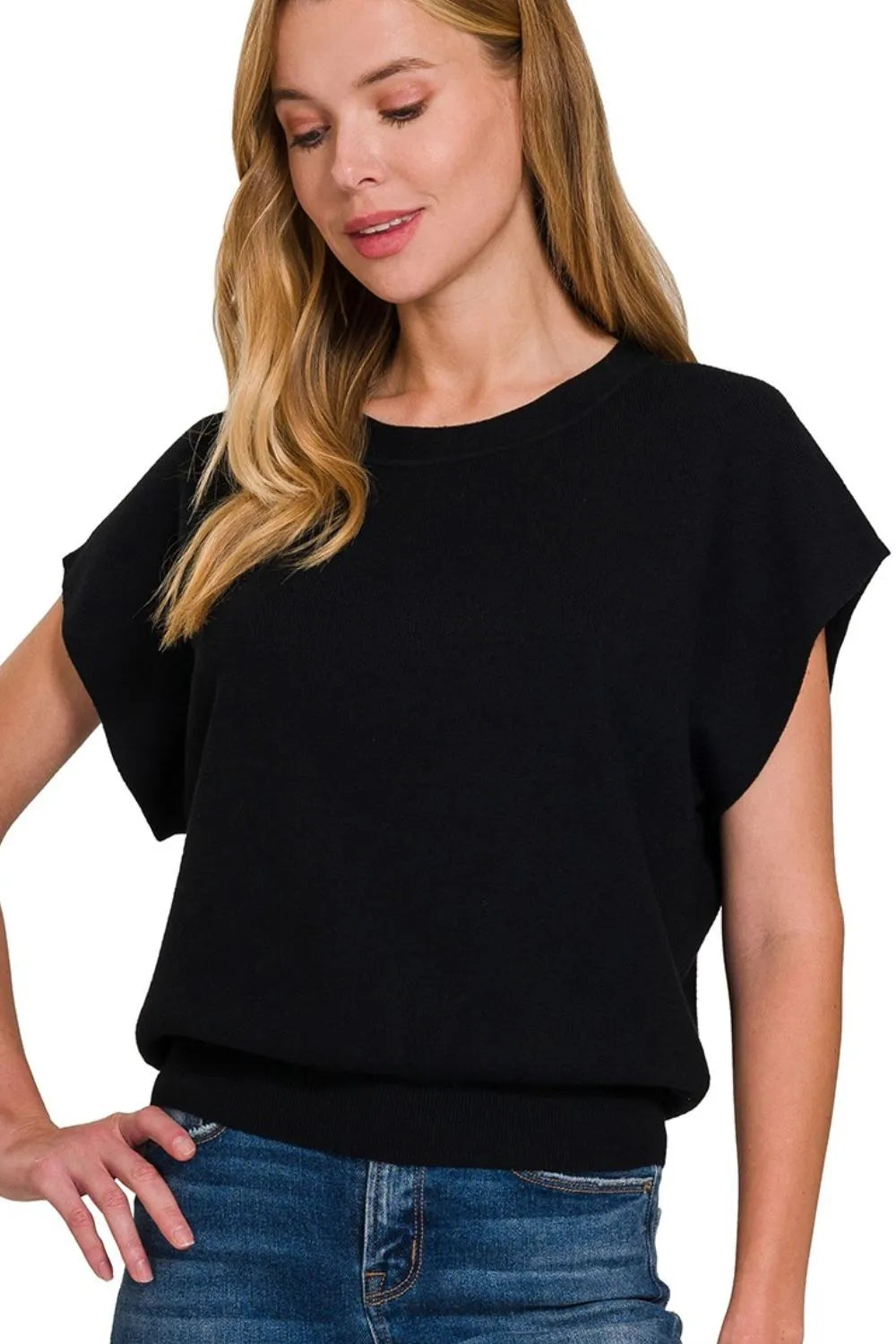 Zenana Round Neck Short Dolman Sleeve Sweater in Black